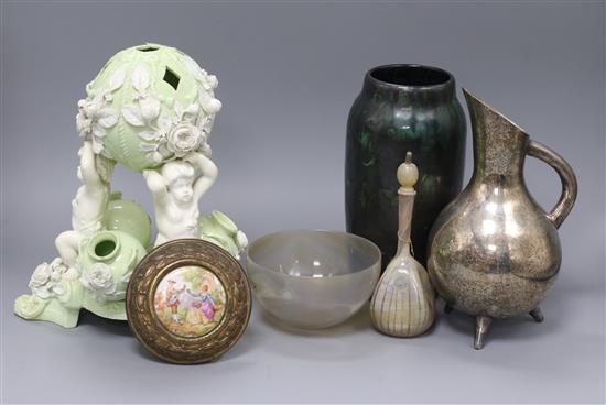 A Moore Bros style putti centrepiece and sundry ceramics and glass tallest 25cm